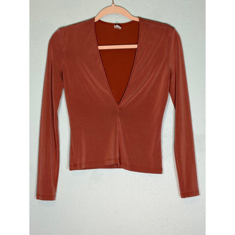 American Apparel Rust‎ Orange Deep V-Neck Long Sleeve Modal Top Medium